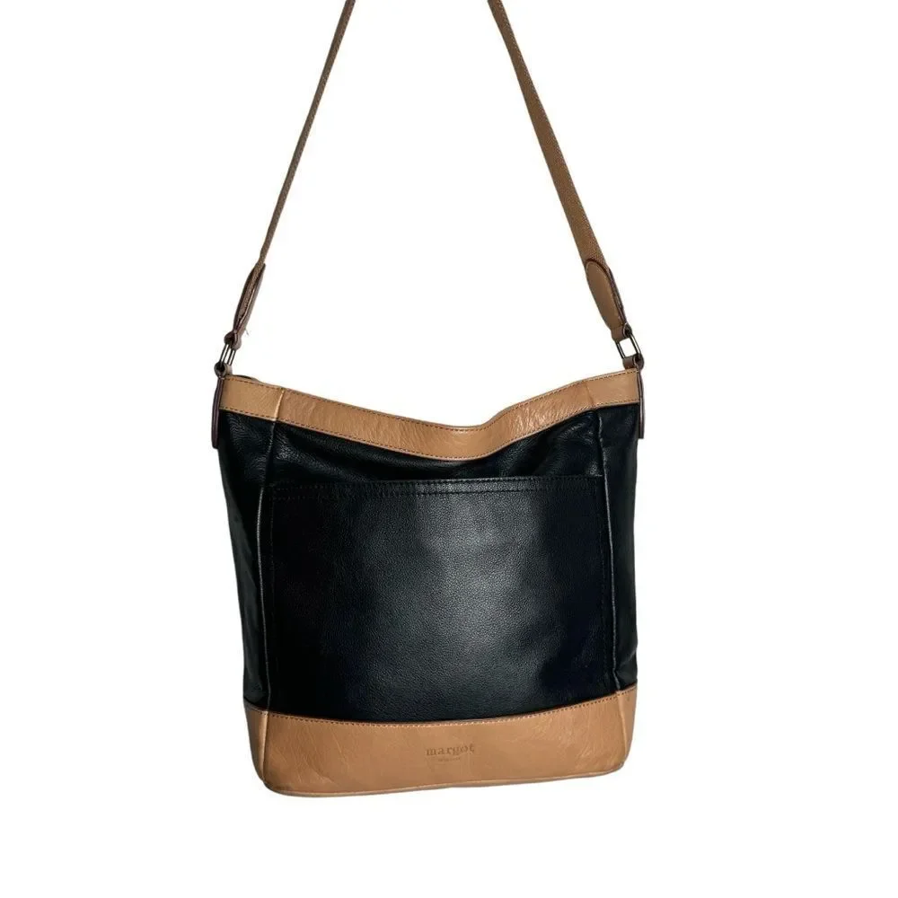 Margot black tan Colorblock Supple Leather Shoulder Bag Soft Slouchy Classic
